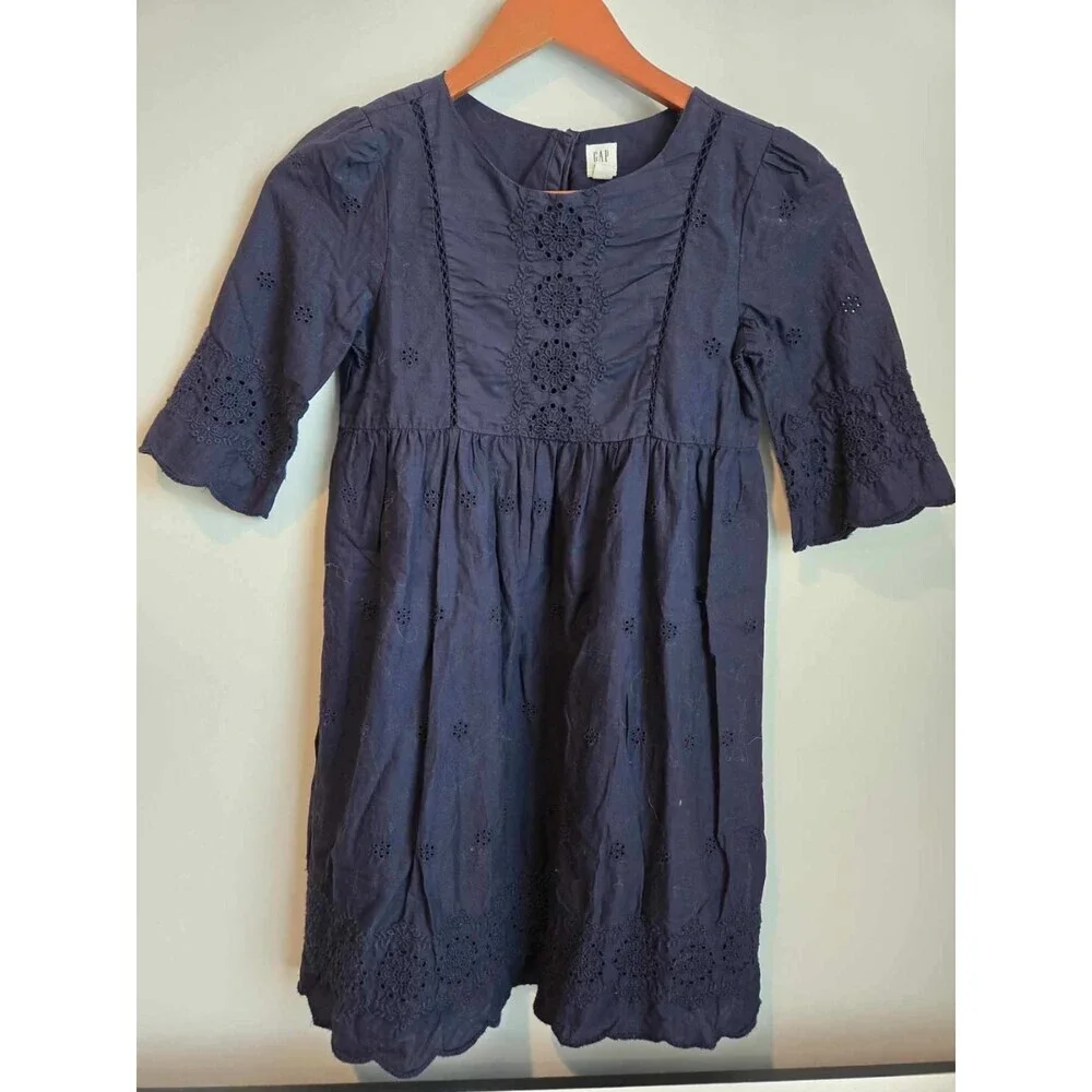 Gap Kids Girls Dress Size M (8) Fall Eyelet Embroidered Navy cotton Classic